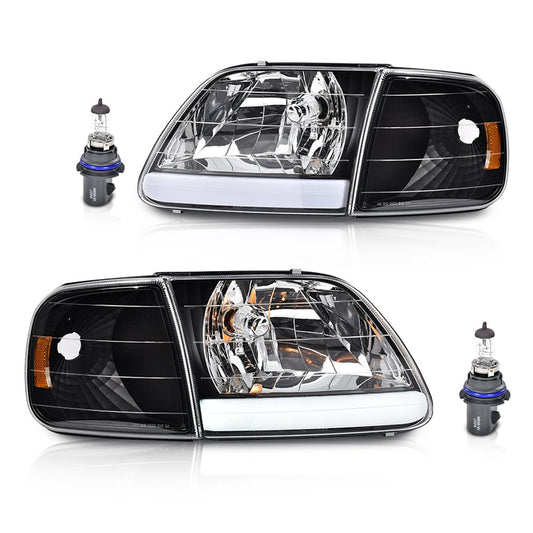 G-PLUS LED DRL Headlights Compatible with Ford Expedition 1997-2002/Fit F150 1998-2003/Fit F250 1997-1999 Clear Lens Black Housing Amber Reflector Left & Right