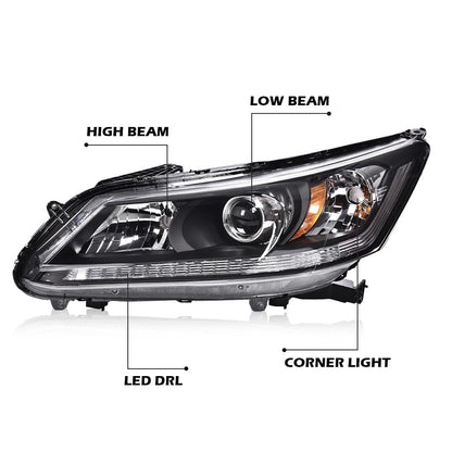 G-PLUS One Left Driver Side Headlight Compatible with Honda Accord 2013 2014 2015 Headlamp Halogen Clear Lens Black Housing Amber ReflectorBumper Headlamps,faros delanteros