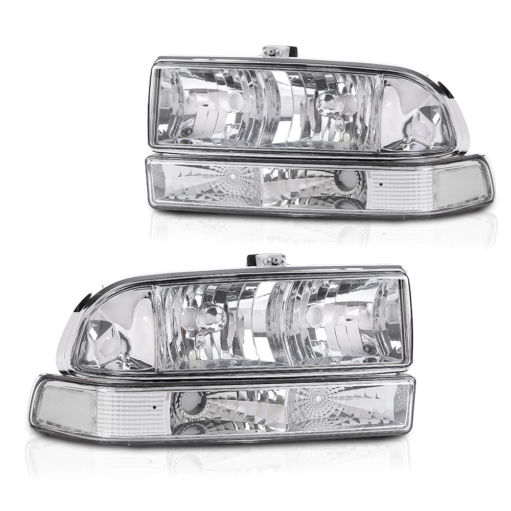 G-PLUS Headlights Corner Bumper Turn Signal w/o Bulbs Fit Chevy Blazer 1998-2005 / Fits Chevy S10 Pickup 1998-2004 Clear Lens Chrome Housing Clear Reflector Bumper Headlamps,faros delanteros Assembly