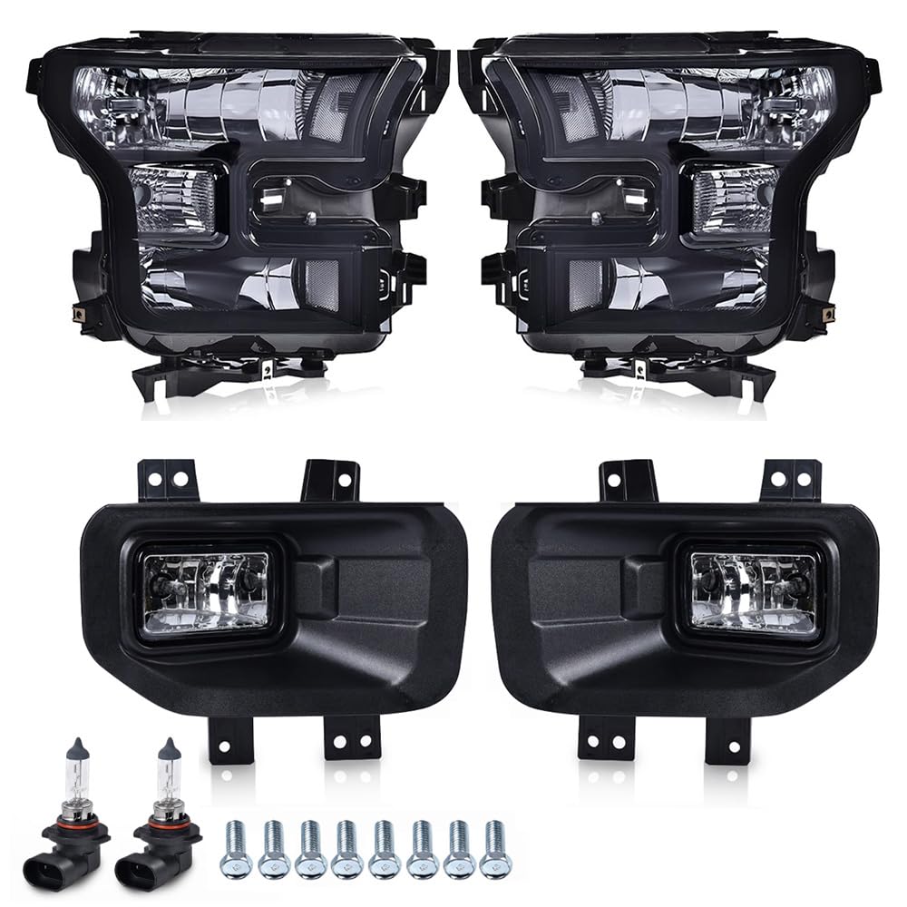 G-PLUS Fog Lights & Headlights Assembly w/o Bulbs Compatible with 2015-2017 Ford F150 Not Fit Models with LED or HID Headlamps(Smoky Cover Black Frame White Reflector Headlights + Fog Lamps)