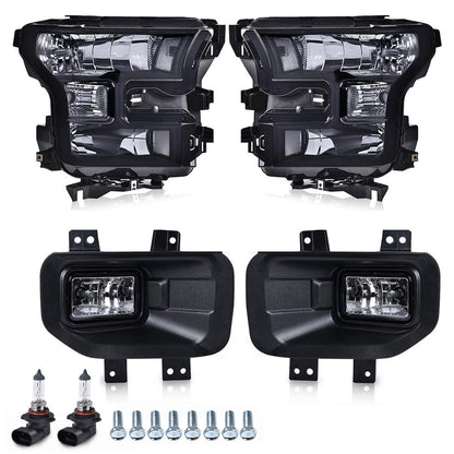 G-PLUS Fog Lights & Headlights Assembly w/o Bulbs Compatible with 2015-2017 Ford F150 Not Fit Models with LED or HID Headlamps(Smoky Cover Black Frame White Reflector Headlights + Fog Lamps)