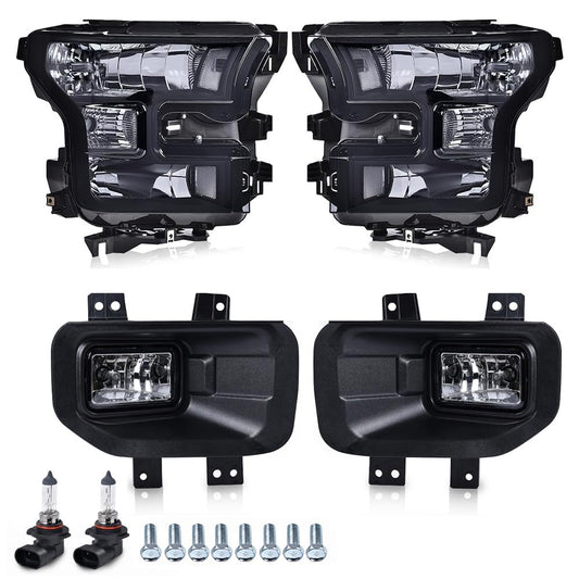 G-PLUS Fog Lights & Headlights Assembly w/o Bulbs Compatible with 2015-2017 Ford F150 Not Fit Models with LED or HID Headlamps(Smoky Cover Black Frame White Reflector Headlights + Fog Lamps)