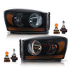 G-PLUS Headlights Assembly w/Bulbs Light Bar Left and Right Side Compatible with Dodge Ram 1500 2006-2008/Fit Dodge Ram 2500 3500 2006-2009 Smoke Lens Black Housing Amber Reflector
