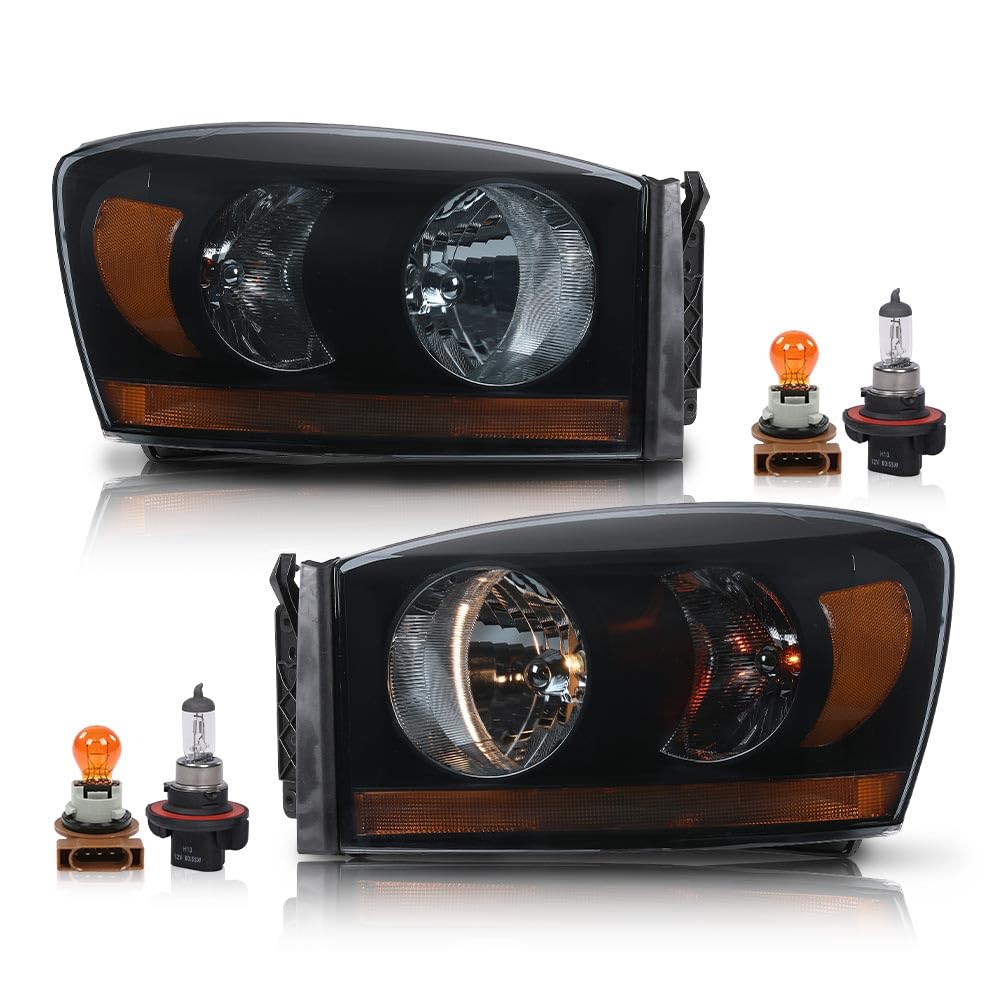 G-PLUS Headlights Assembly w/Bulbs Light Bar Left and Right Side Compatible with Dodge Ram 1500 2006-2008/Fit Dodge Ram 2500 3500 2006-2009 Smoke Lens Black Housing Amber Reflector