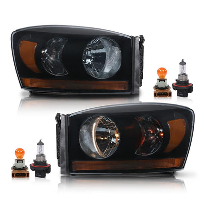 G-PLUS Headlights Assembly w/Bulbs Light Bar Left and Right Side Compatible with Dodge Ram 1500 2006-2008/Fit Dodge Ram 2500 3500 2006-2009 Smoke Lens Black Housing Amber Reflector