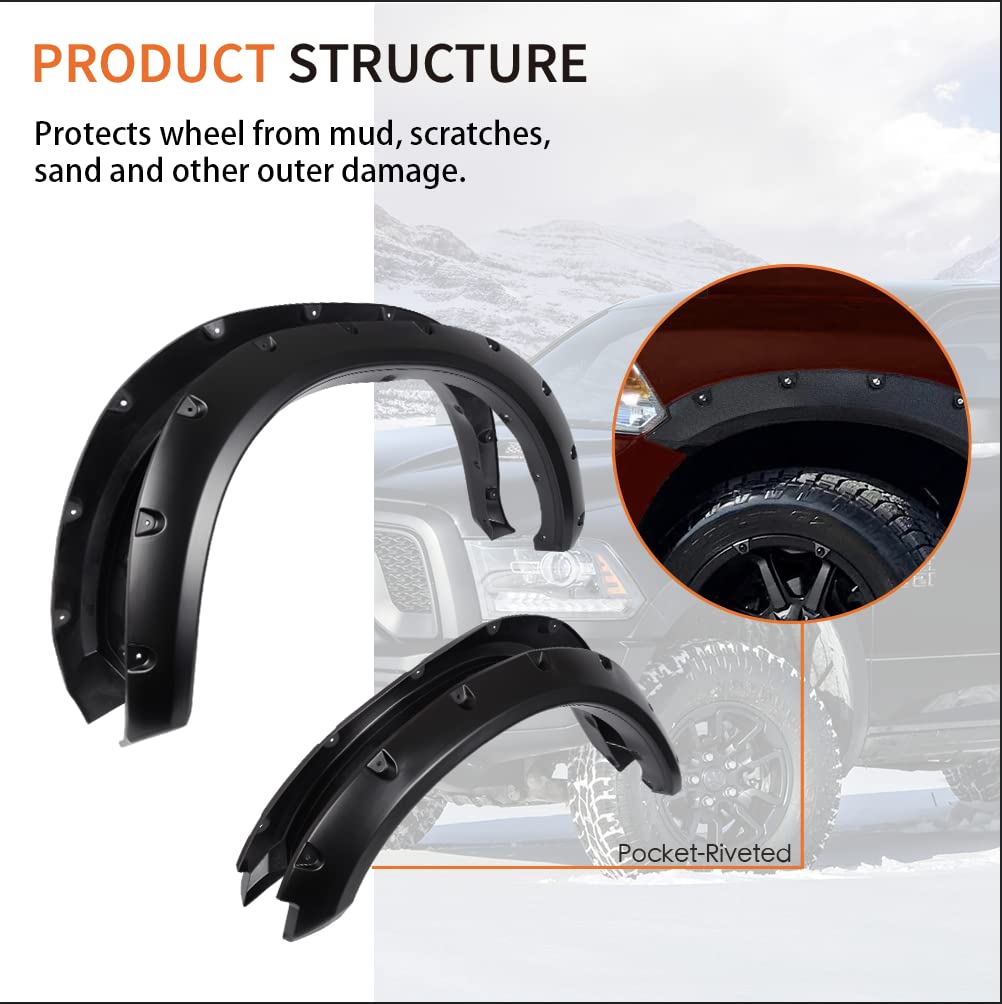 G-PLUS Fender Flares Compatible with Dodge Ram 1500 2009-2018 Fit Dodge Ram 1500 Classic 2019-2022 (Excludes R/T & Rebel) Wheel Opening Molding Arch Trim 4PCS Black