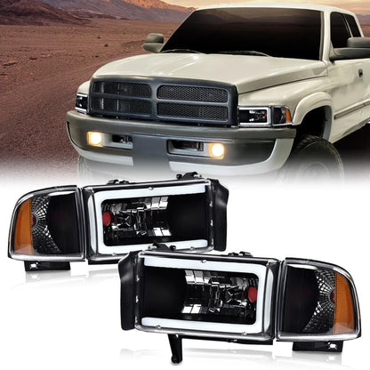 G-PLUS LED Headlights Assembly Fit Dodge Ram 1500 1994-2001,Fit Dodge Ram 2500 3500 1994-2002,Left & Right Headlamps w/o Bulbs,Clear Lens Black Housing Amber Reflector faros delanteros