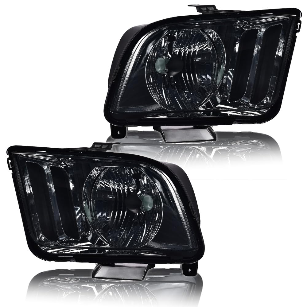 G-PLUS Headlights Compatible with Ford Mustang 2005-2009 Factory Halogen Headlamps Pair Smoky Lens Chrome Housing Amber Reflector,faros delanteros
