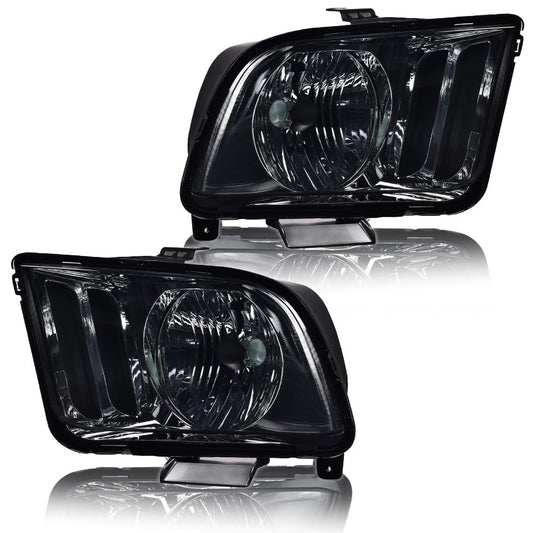 G-PLUS Headlights Compatible with Ford Mustang 2005-2009 Factory Halogen Headlamps Pair Smoky Lens Chrome Housing Amber Reflector,faros delanteros