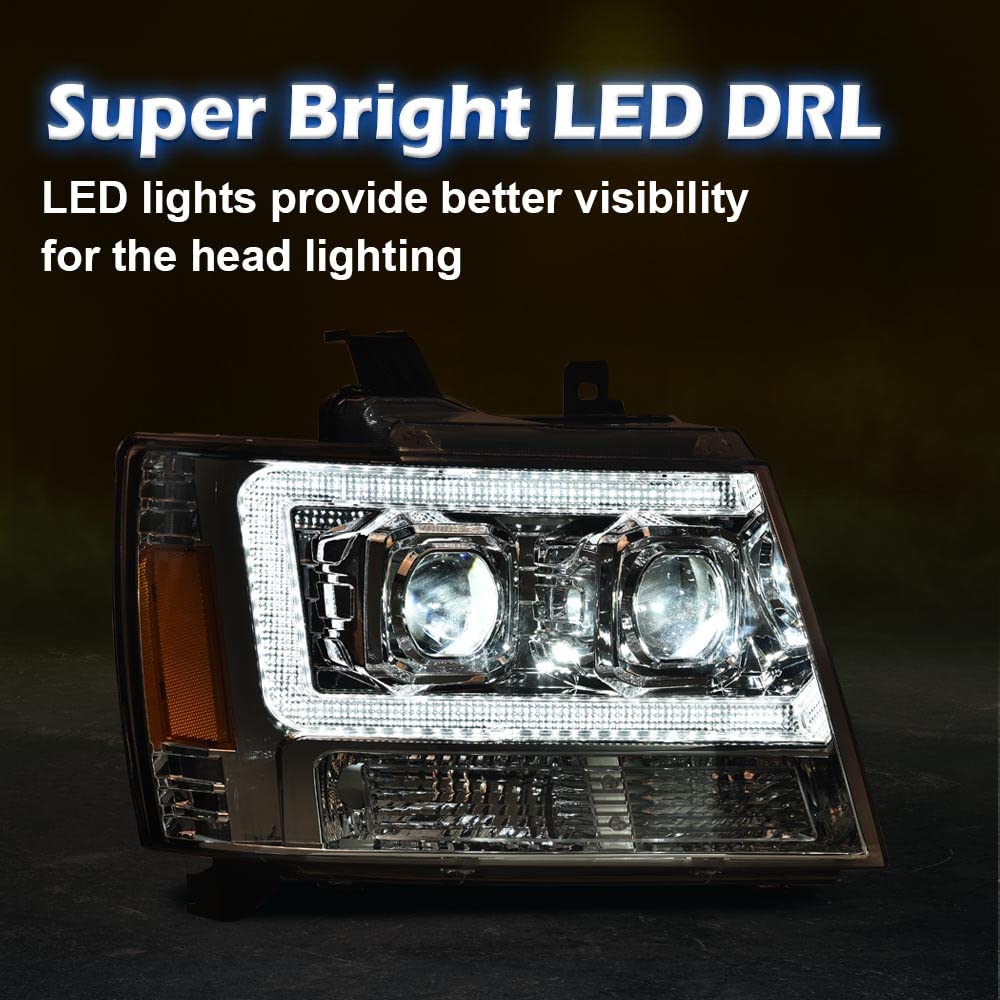G-PLUS LED Tube Dual Projector Headlights, Compatible with 2007-2014 Chevy Tahoe/Suburban Bumper Headlamps Assembly, Clear Lens Chrome Housing Amber Reflector,faros delanteros