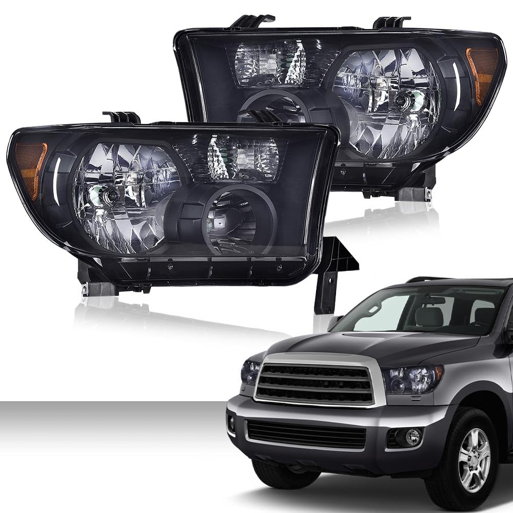 G-PLUS Headlights Compatible with Toyota Tundra 2007-2013/Compatible with Toyota Sequoia 2008-2017 Headlamps Pair Halogen Smoky Lens Black Housing Amber Reflector,faros delanteros