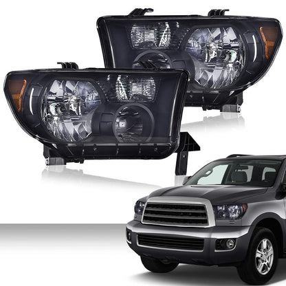 G-PLUS Headlights Compatible with Toyota Tundra 2007-2013/Compatible with Toyota Sequoia 2008-2017 Headlamps Pair Halogen Smoky Lens Black Housing Amber Reflector,faros delanteros