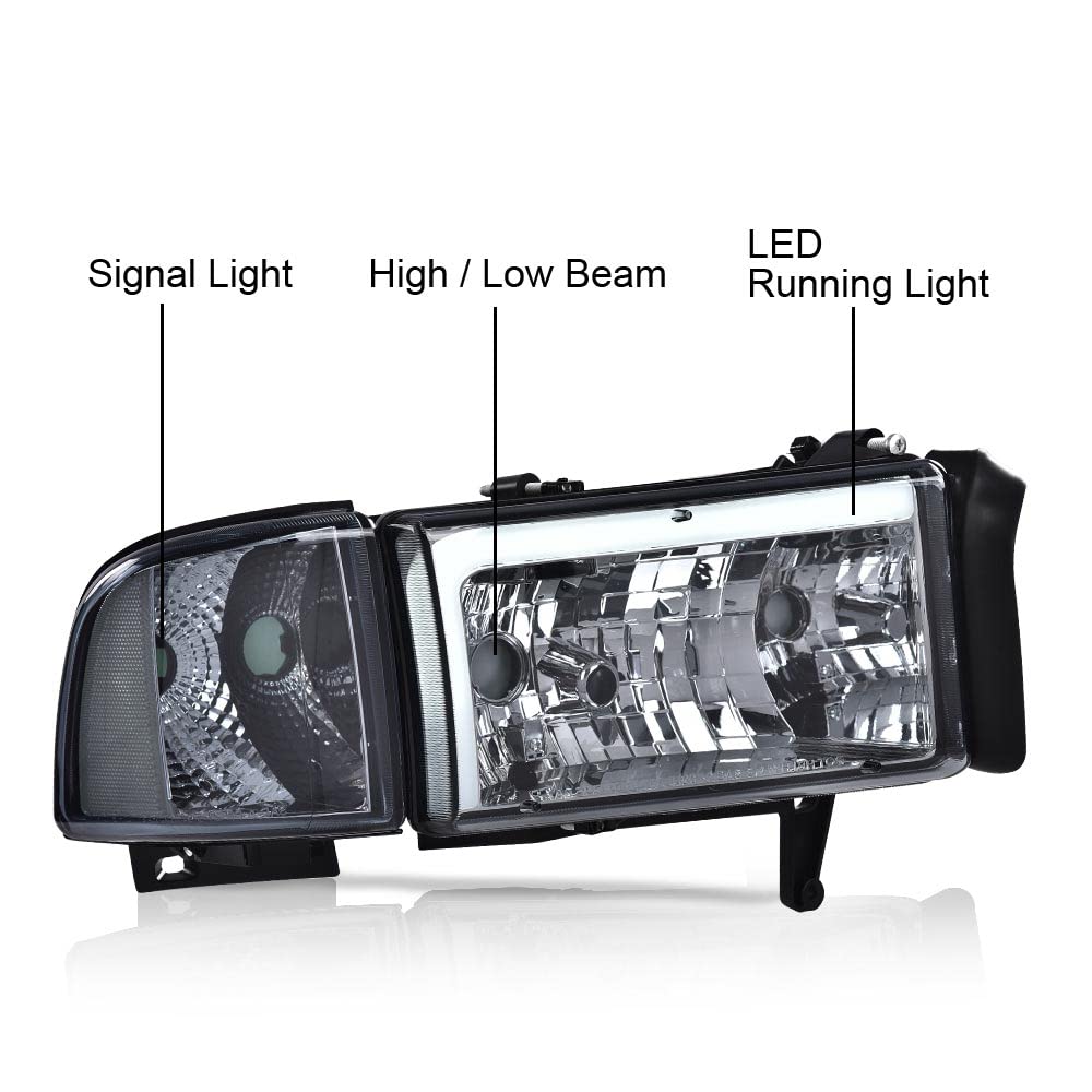 G-PLUS LED Headlights Assembly Fit 1994-2001 Dodge Ram 1500/Fit 1994-2002 Dodge Ram 2500 3500 (Not for Ram Sport),Headlamps w/o Bulbs Smoky Lens Chrome Housing Clear Reflector