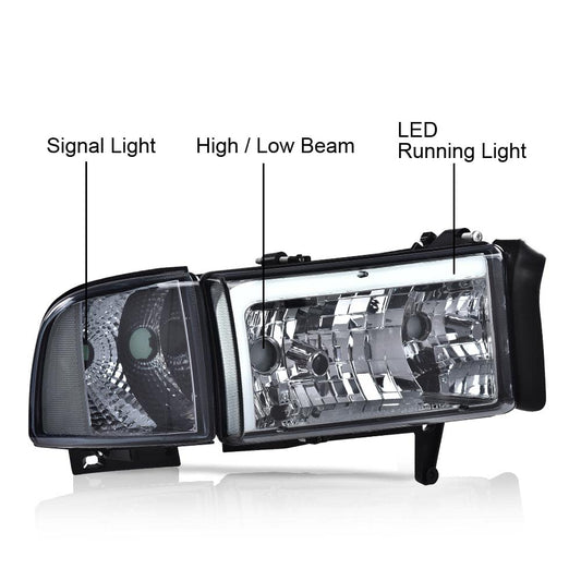 G-PLUS LED Headlights Assembly Fit 1994-2001 Dodge Ram 1500/Fit 1994-2002 Dodge Ram 2500 3500 (Not for Ram Sport),Headlamps w/o Bulbs Smoky Lens Chrome Housing Clear Reflector