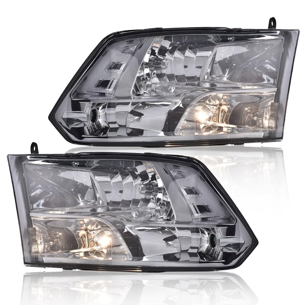G-PLUS Headlights Fit Dodge Ram 1500 2500 3500 2009-2012 New Body, Only Fit Factory Quad, Smoky Lens Chrome Housing Clear Reflector, Headlamps, faros delanteros Assembly