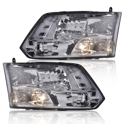G-PLUS Headlights Fit Dodge Ram 1500 2500 3500 2009-2012 New Body, Only Fit Factory Quad, Smoky Lens Chrome Housing Clear Reflector, Headlamps, faros delanteros Assembly