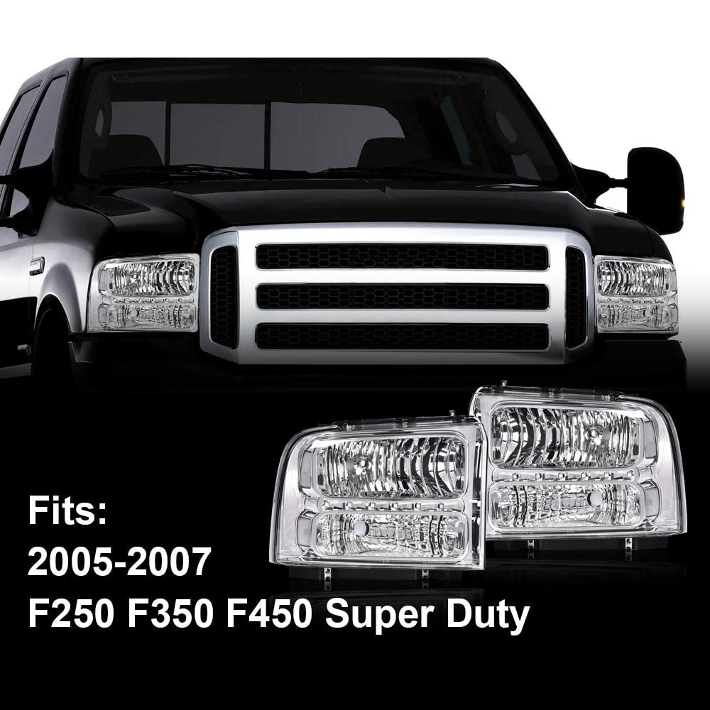 G-PLUS Smoked LED DRL headlights, Compatible with 2005 2006 2007 Ford F250 F350 F450 F550 Super Duty Bumper Headlamps, Clear Lens Chrome Housing Clear Reflector FO2503217,faros delanteros