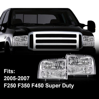 G-PLUS LED Headlights Compatible with Point Style Ford F250 F350 F450 F550 Super Duty 2005-2007 DRL BAR Headlamps Clear Lens Chrome Housing Clear Reflector,faros delanteros