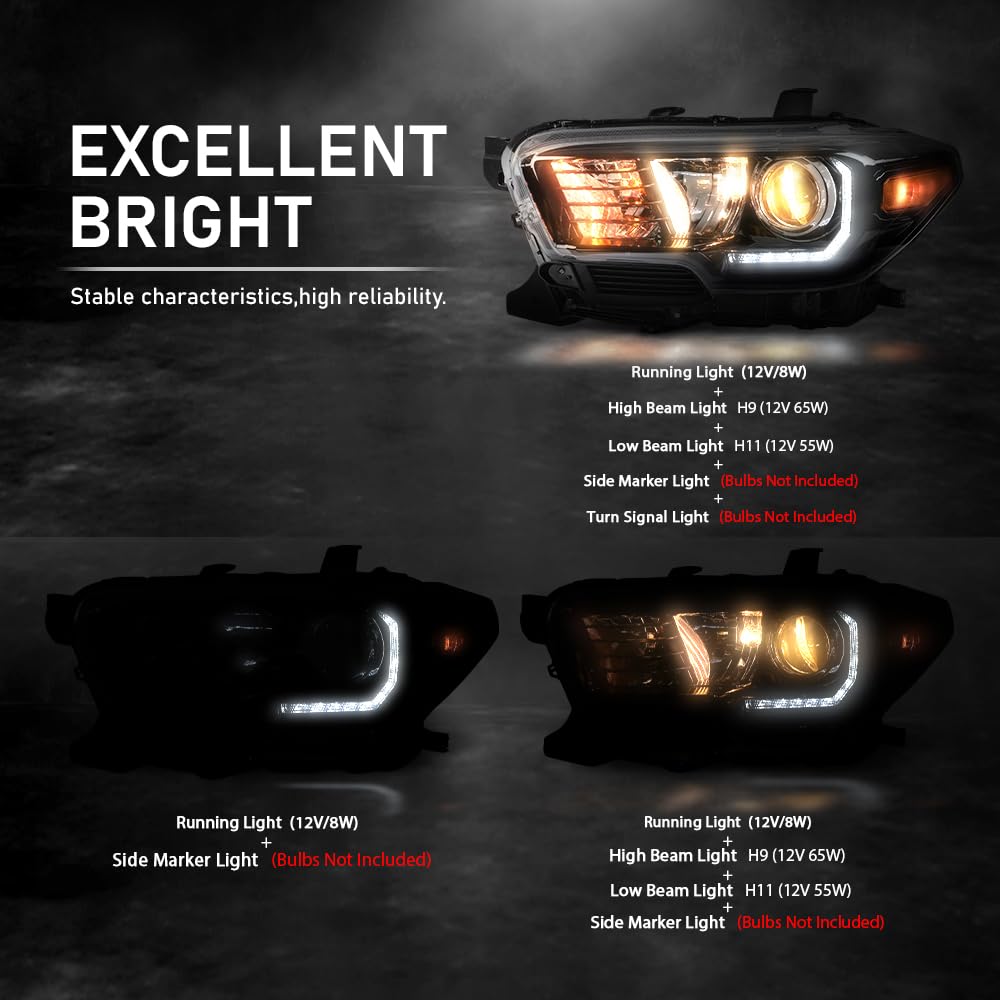G-PLUS Headlights Assembly w/LED DRL Compatible with Toyota Tacoma 2016 2017 2018 2019 2020 2021 2022, Headlamps Clear Lens Black Housing Amber Reflector, TO2502244, TO2503244 faros delanteros