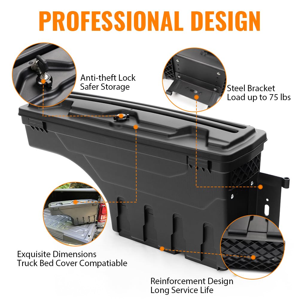 G-PLUS Truck Bed Storage Tool Box Right Passenger Side Compatible with Chevy Silverado/GMC Sierra 1500 2500 3500 1999 2000 2001 2002 2003 2004 2005 2006 2007 Black