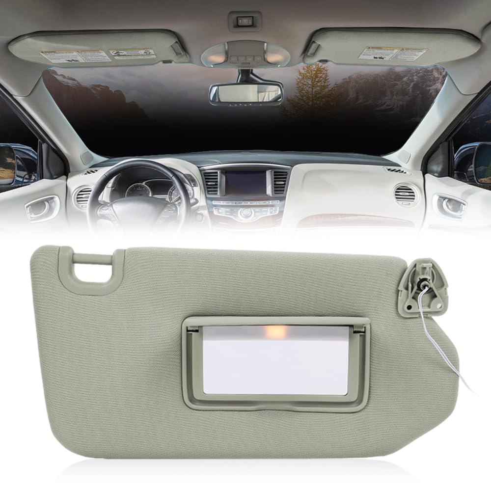 G-PLUS Gray Right Side Sun Visor with with Lights and Mirror Compatible with 2013-2018 Nissan Pathfinder (Platinum, SL, SV)/ 2014-2017 Infiniti QX60 96400-9PB0A