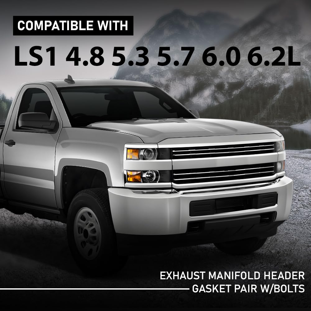 G-PLUS Exhaust Manifold Header Gasket Pair W/Bolts Fit All LS Series Engines (Except LS7),Fits All 1997-2013 Gen 3/4 LS Based V8 551696, 12617944