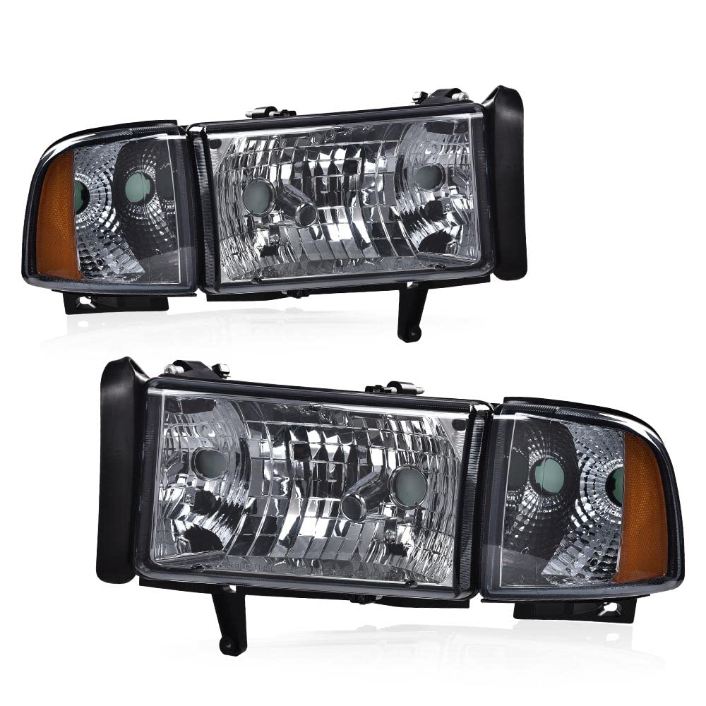 G-PLUS Headlights Lamps Fit 1994-2001 Dodge Ram 1500/1994-2002 Dodge Ram 2500 3500,Not fit Ram Sport,Smoky Lens Chrome Housing Amber Reflector w/o Bulbs Bumper Headlamps,faros delanteros Assembly