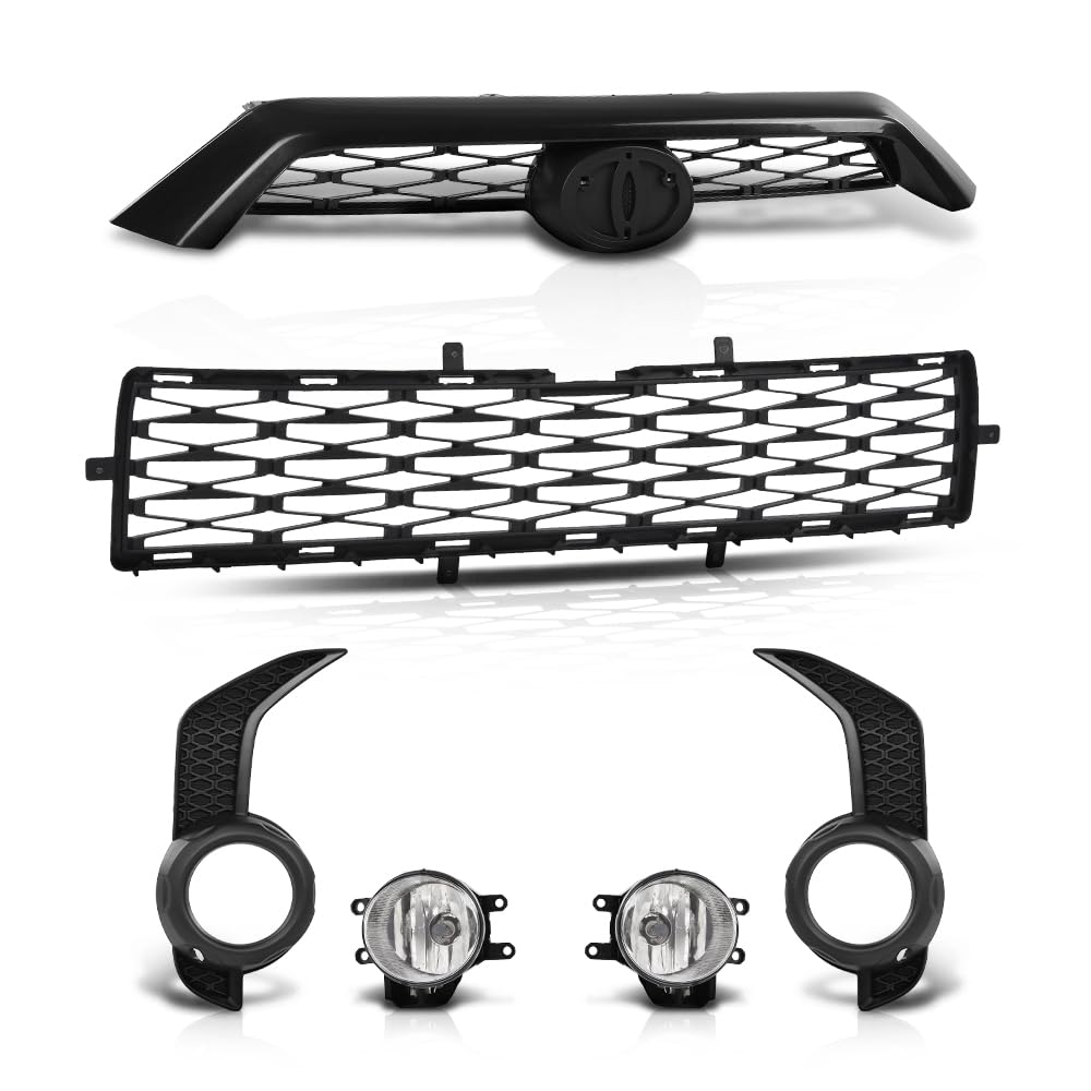 G-PLUS Front Bumper Upper & Lower Grill + Fog Lights Set Compatible with Toyota 4Runner SR5 2014-2019 TO1036148, TO1038173 Black
