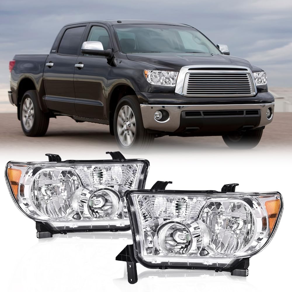 G-PLUS Headlights Compatible with Toyota Tundra 2007-2013/Compatible with Toyota Sequoia 2008-2017 Headlamps Pair Halogen Clear Lens Chrome Housing Amber Reflector,faros delanteros