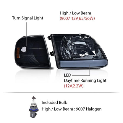 G-PLUS LED DRL Headlights & Corner Park Lights Fit Ford Expedition 1997-2002/Fit F150 1998-2003/Fit F250 Light Duty 1997-1999 Smoke Lens Black Housing Amber ReflectorBumper Headlamps,faros delanteros