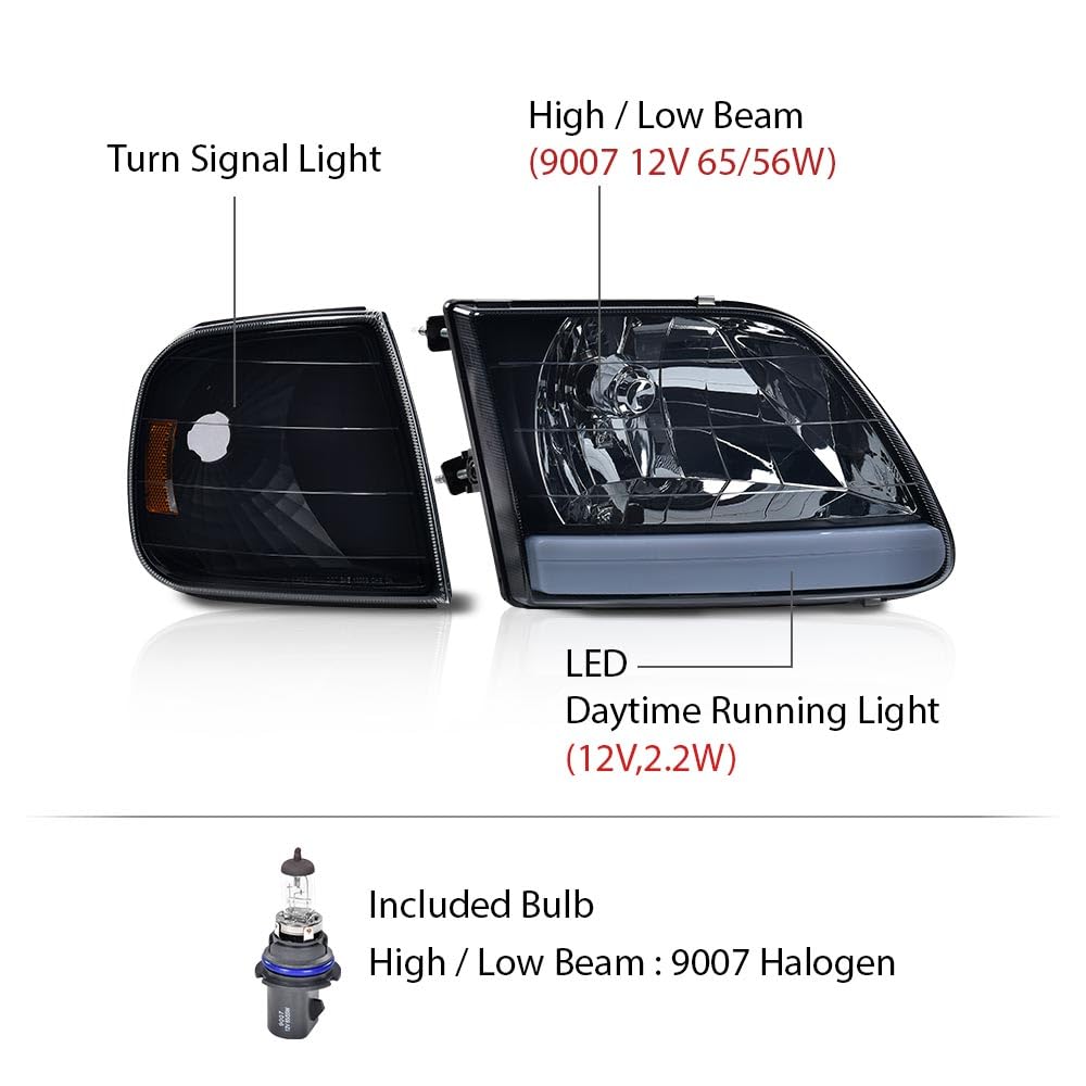 G-PLUS LED DRL Headlights Compatible with Ford Expedition 1997-2002/Fit F150 1998-2003/Fit F250 Light Duty 1997-1999 w/Corner Lamps Smoky Lens Black Housing Amber Reflector