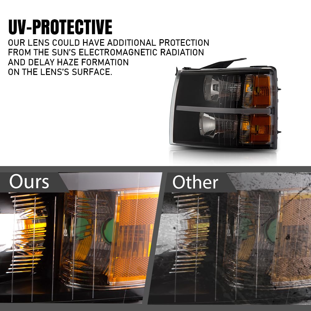 G-PLUS LED DRL Headlights, Compatible with 2007-2014 Chevy Silverado 2500 3500 & HD/Fit 2007-2013 Chevy Silverado 1500 Bumper Headlamps, Clear Lens Black Housing Amber Reflector,faros delanteros