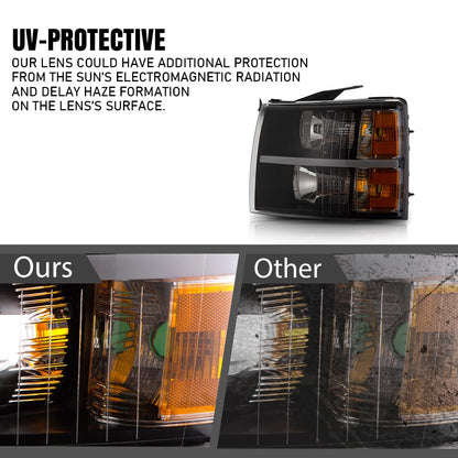 G-PLUS LED DRL Headlights, Compatible with 2007-2014 Chevy Silverado 2500 3500 & HD/Fit 2007-2013 Chevy Silverado 1500 Bumper Headlamps, Clear Lens Black Housing Amber Reflector,faros delanteros