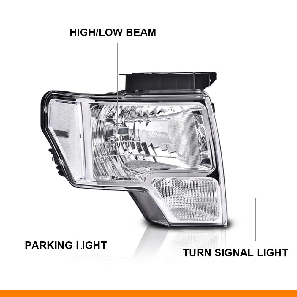 G-PLUS Headlights Assembly, Compatible with Ford F150 2009 2010 2011 2012 2013 2014 (NOT Fit LED Style,Only Fit without LED Style) bumper Headlamp Clear lens Chrome Housing Clear Reflector