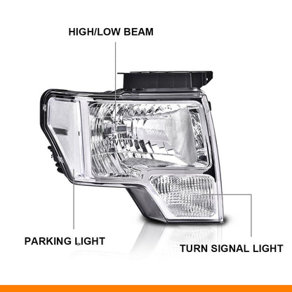 G-PLUS Headlights Assembly Compatible with Ford F150 2009-2014 Pair Left & Right Headlamps Assembly, Clear Lens Chrome Housing Clear Reflector, faros delanteros, DL3Z13008A DL3Z13008B
