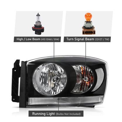 G-PLUS Headlights Assembly w/Bulbs Light Bar Left and Right Side Compatible with Dodge Ram 1500 2006-2008/Fit Dodge Ram 2500 3500 2006-2009 Clear Lens Black Housing Clear Reflector