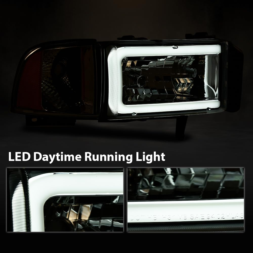G-PLUS LED C Light Bar Headlights Assembly Fit Dodge Ram 1500 1994-2001/Fit Dodge Ram 2500 3500 1994-2002 Headlamps w/o Bulbs DRL Clear Lens Chrome Housing Clear Reflector,faros delanteros
