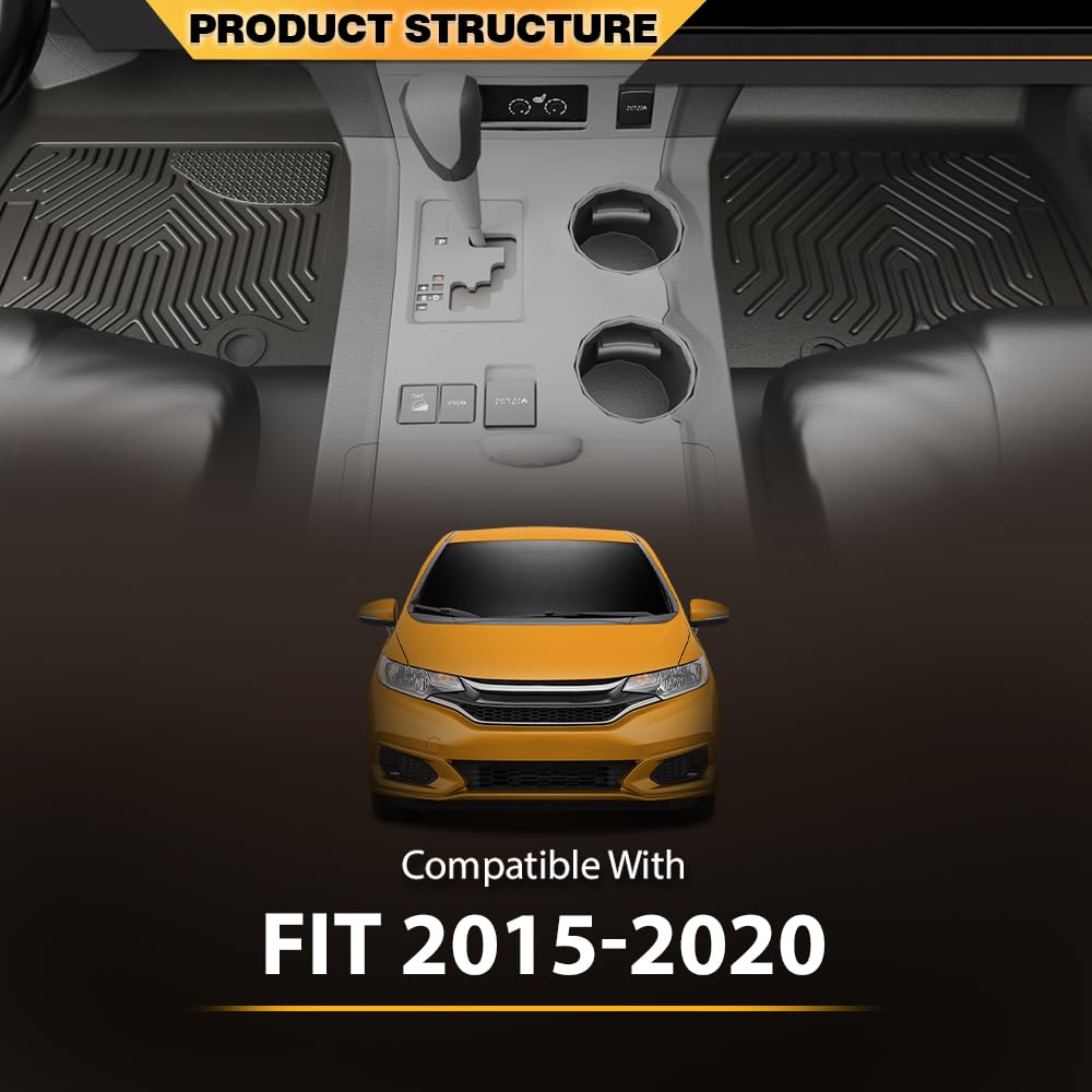 TPE Floor Mats Cargo Liners 3PCS, Compatible with Honda Fit 2015-2020, 1st & 2nd Row, Floor Liner All Weather Full Cover Protection