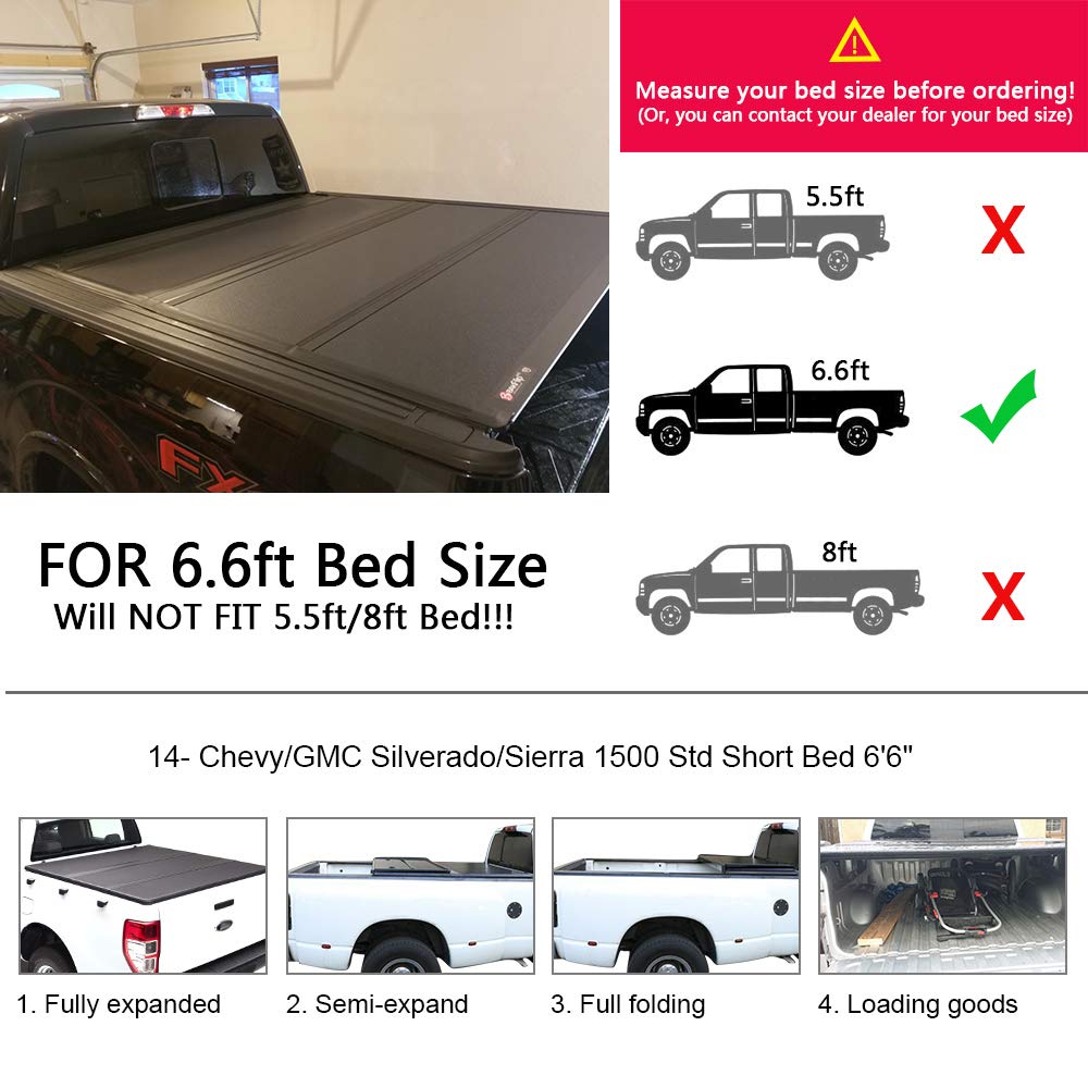 G-PLUS Black T3 Tri-Fold Hard Solid Truck Tonneau Cover Compatible with Chevy Silverado/GMC Sierra 2014-2018 | 6.6' Standard Short Bed | 2015 2016 2017