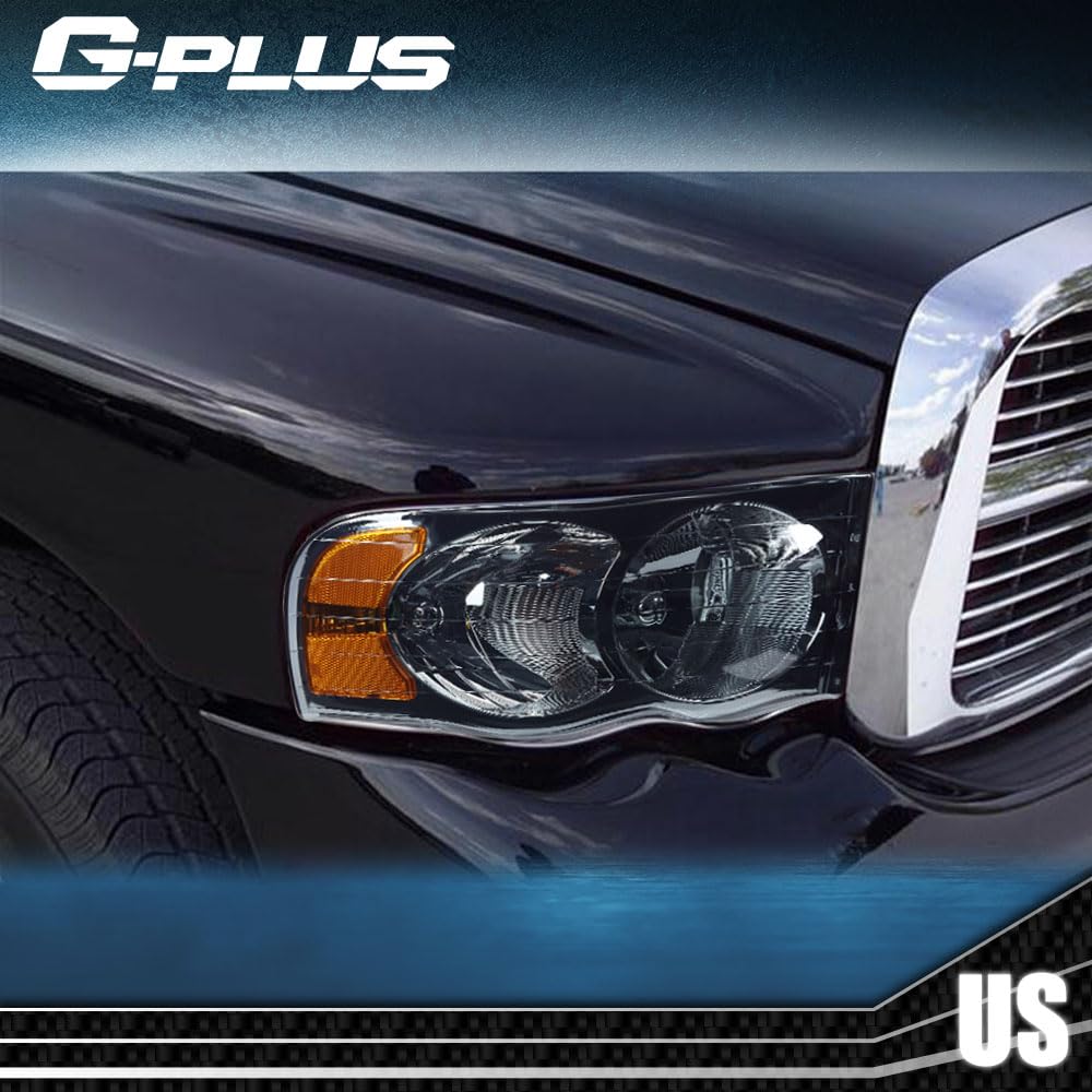 G-PLUS Headlights Assembly Compatible with Dodge Ram 1500 2500 3500 2002-2005 Bumper Headlamp, Smoky Lens Chrome Housing Amber Reflector