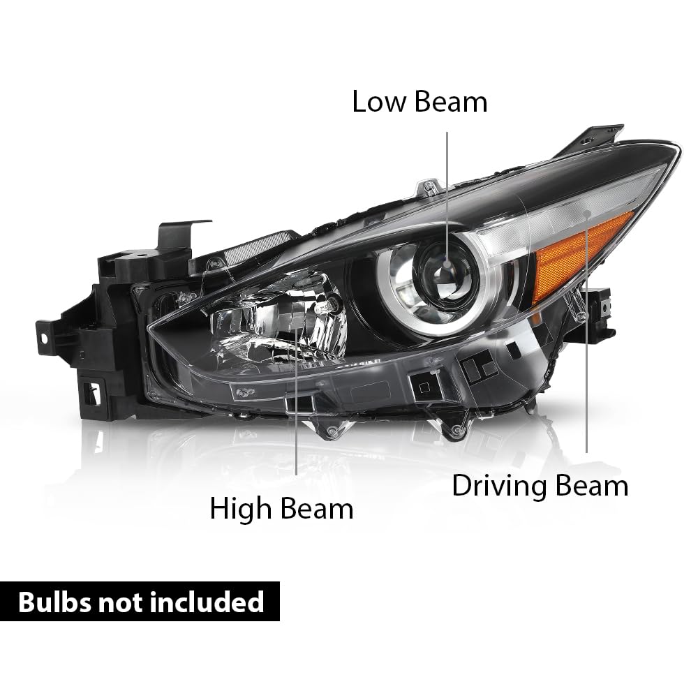 G-PLUS Projector Halogen Headlight LH Driver Side Compatible with Mazda 3 2017-2018 4-Door Sedan & Hatchback Clear Lens Black Housing Amber ReflectorBumper Headlamps,faros delanteros