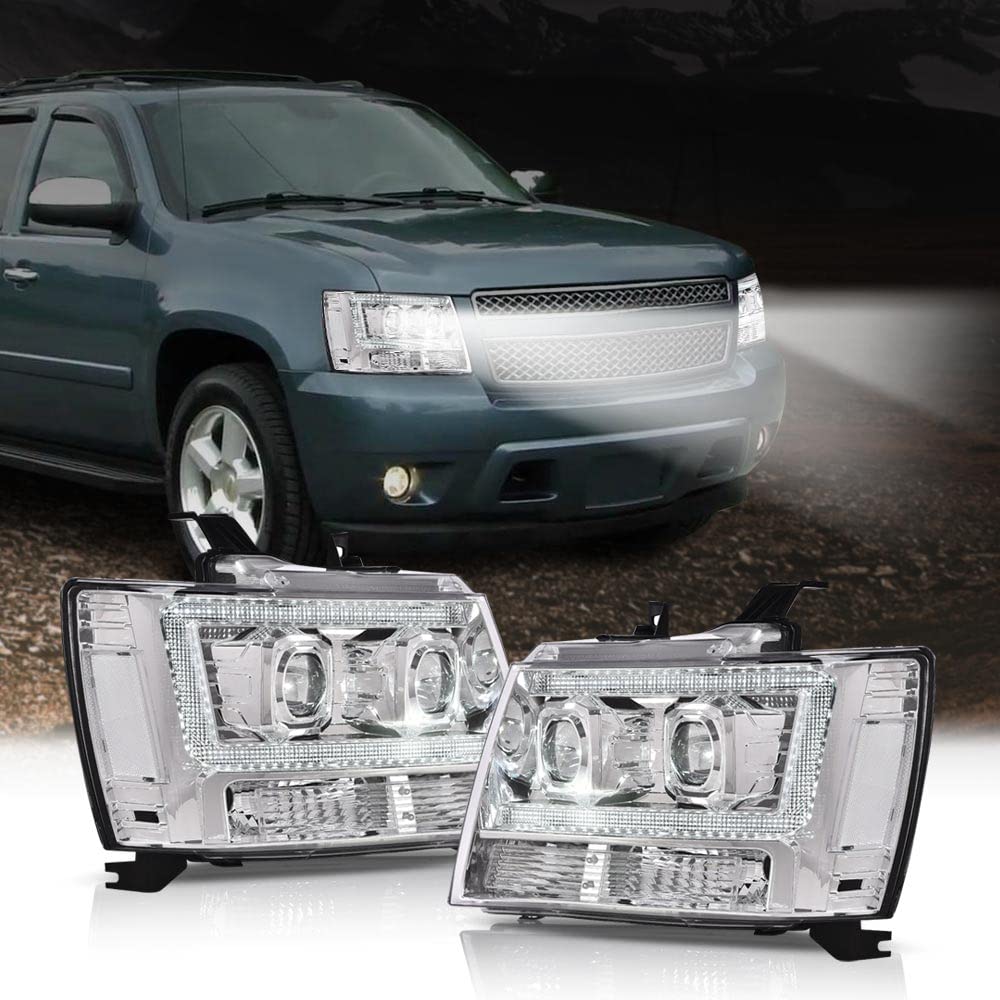 G-PLUS LED Tube Dual Projector Headlights, Compatible with 2007-2014 Chevy Tahoe/Suburban Bumper Headlamps Assembly, Clear Lens Chrome Housing Clear Reflector,faros delanteros