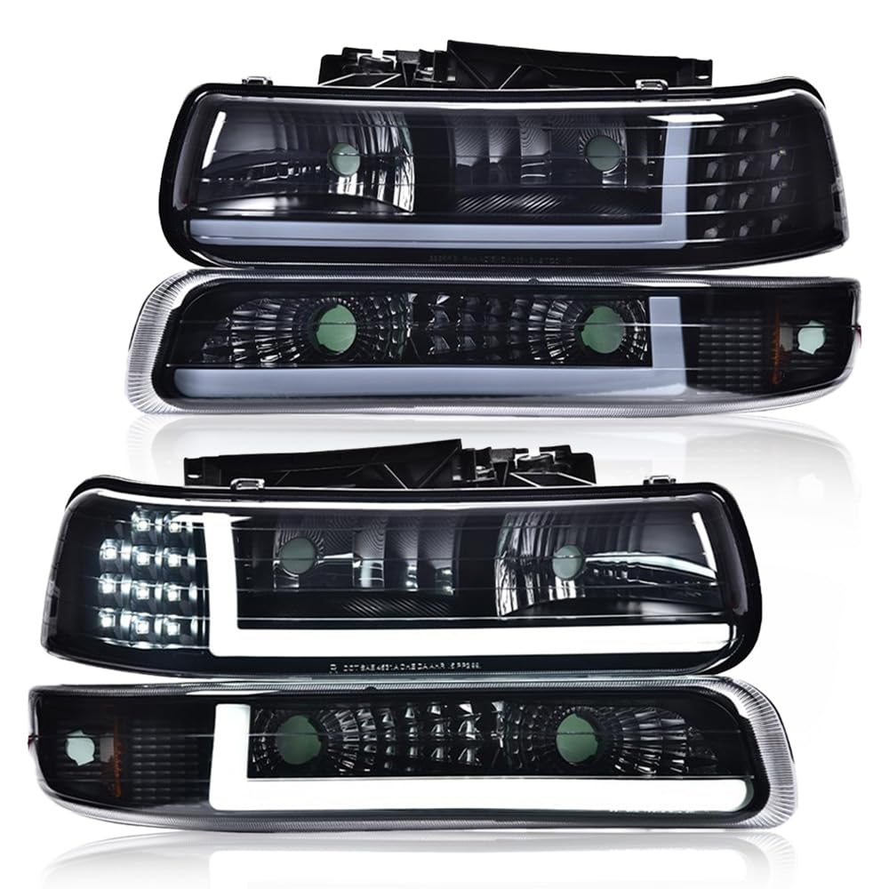 G-PLUS LED Headlights Assembly, Compatible with 1999-2002 Chevy Silverado,Fit 2000-2006 Chevy Tahoe/Suburban 1500 2500,Bumper Headlamps Smoky Lens Black Housing Amber Reflector Left & Right