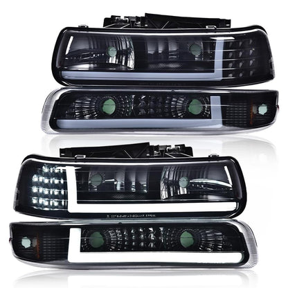 G-PLUS LED Headlights Assembly, Compatible with 1999-2002 Chevy Silverado,Fit 2000-2006 Chevy Tahoe/Suburban 1500 2500,Bumper Headlamps Smoky Lens Black Housing Amber Reflector Left & Right