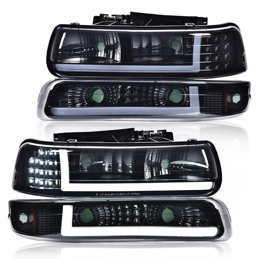 G-PLUS LED Headlights Assembly, Compatible with 1999-2002 Chevy Silverado,Fit 2000-2006 Chevy Tahoe/Suburban 1500 2500,Bumper Headlamps Smoky Lens Black Housing Amber Reflector Left & Right