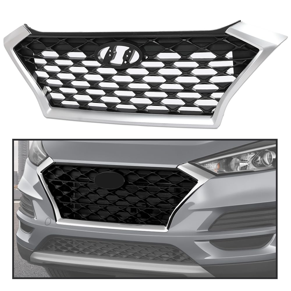 G-PLUS Front Upper Bumper Grille Chrome Gray & Black w/Black accents Compatible with Hyundai Tucson 2019 2020 2021 (For Models without Front Camera) HY1200225 86350D3500 86350-D3500