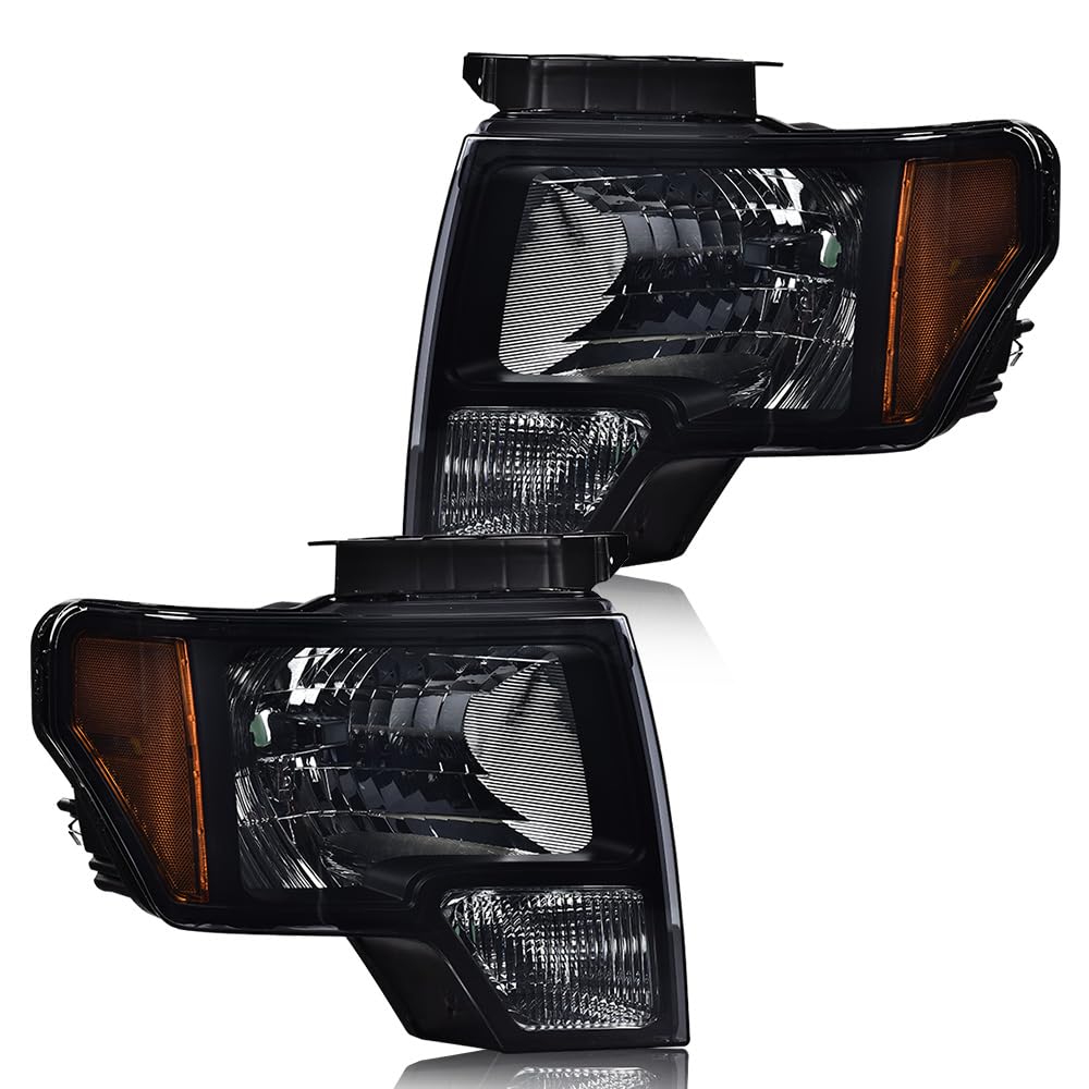 G-PLUS Left + Right Headlights Assembly & Tail Lights Compatible with 2009-2014 Ford F150 2/4 Door Not Fit LED Style (Smoky Lens Black Housing Amber Reflector Headlights + Tail lights)