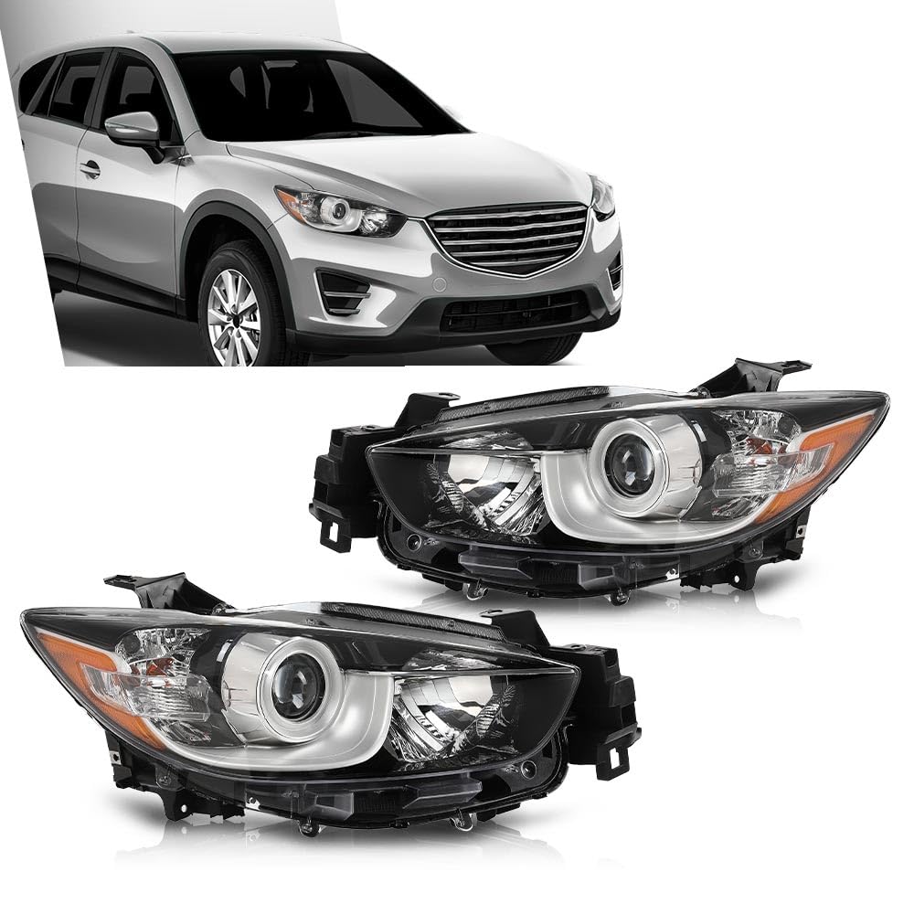 G-PLUS Headlights Halogen Projector Factory Headlamps LH+RH Set Compatible with Mazda CX-5 2013-2016 Clear Lens Chrome Housing Amber Reflector,faros delanteros
