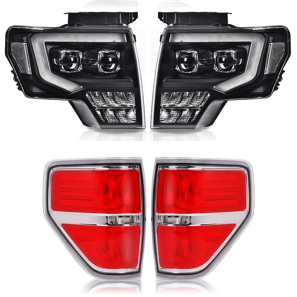 G-PLUS LED Tube Dual Headlight Tail Lights Assembly Fit Ford F150 2009-2014 Headlamps Clear lens Black Housing Clear Reflector Faros Delanteros