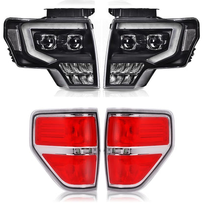 G-PLUS LED Tube Dual Headlight Tail Lights Assembly Fit Ford F150 2009-2014 Headlamps Clear lens Black Housing Clear Reflector Faros Delanteros